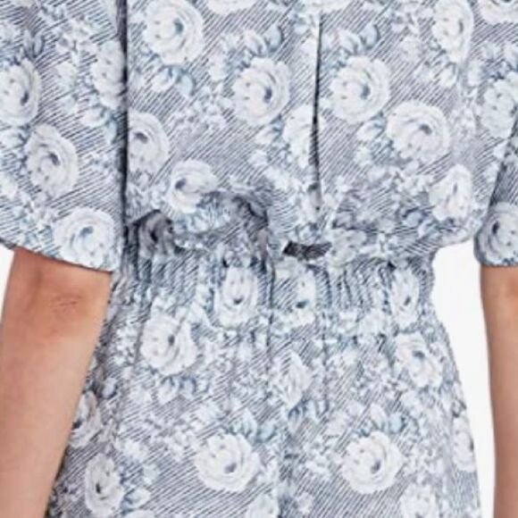 BCBGeneration Blue White Floral Stripe Short Sleeve Collar Button Down Romper L - Picture 5 of 10